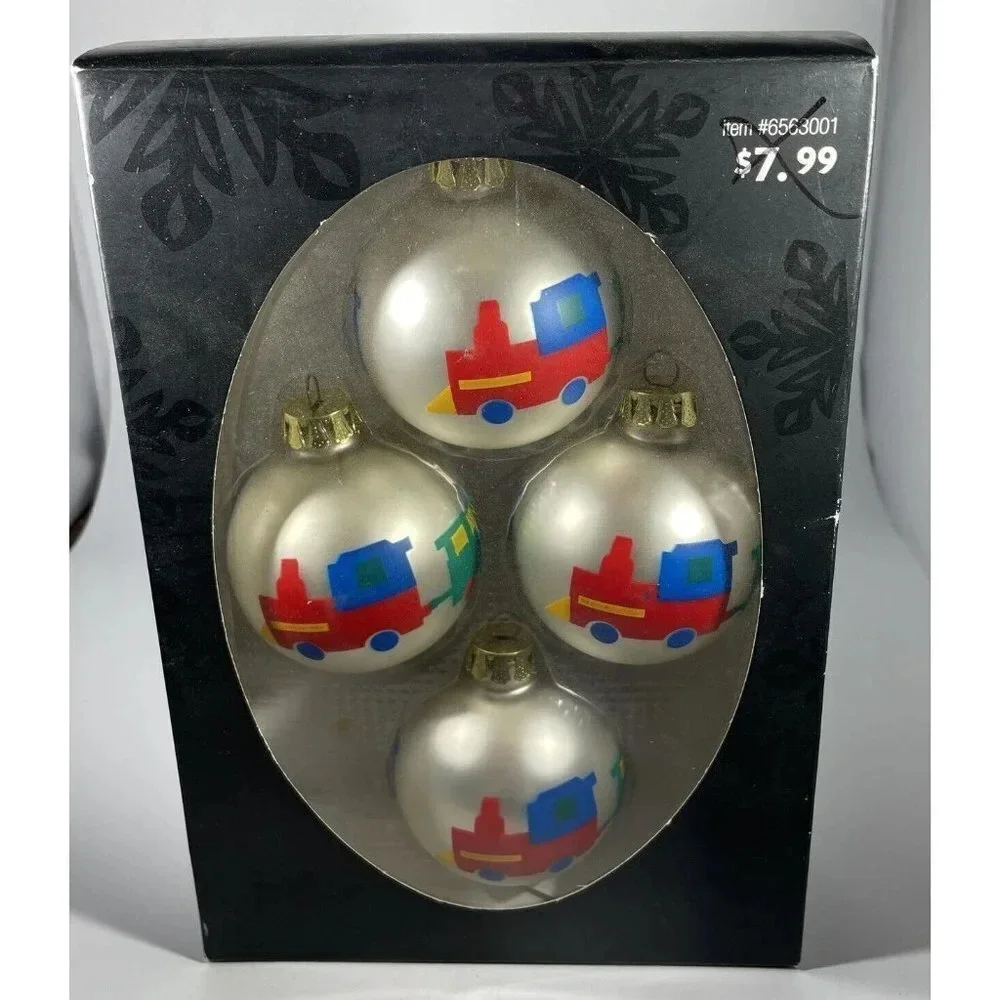 Hobby Lobby White Glass Trains Christmas Ornaments Round Balls Set Of 4